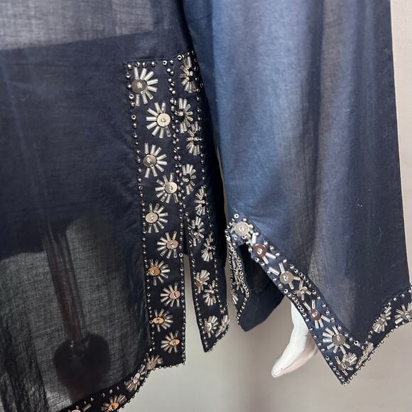 Tory Burch top tunic size 14 NWT blue beaded coverup cotton India boho - Picture 6 of 12